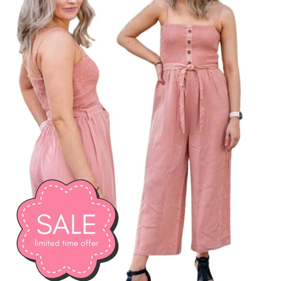 Love Tree Pants - Blush Sleeveless Smocked Linen Jumpsuit - Valentine's Day Gift